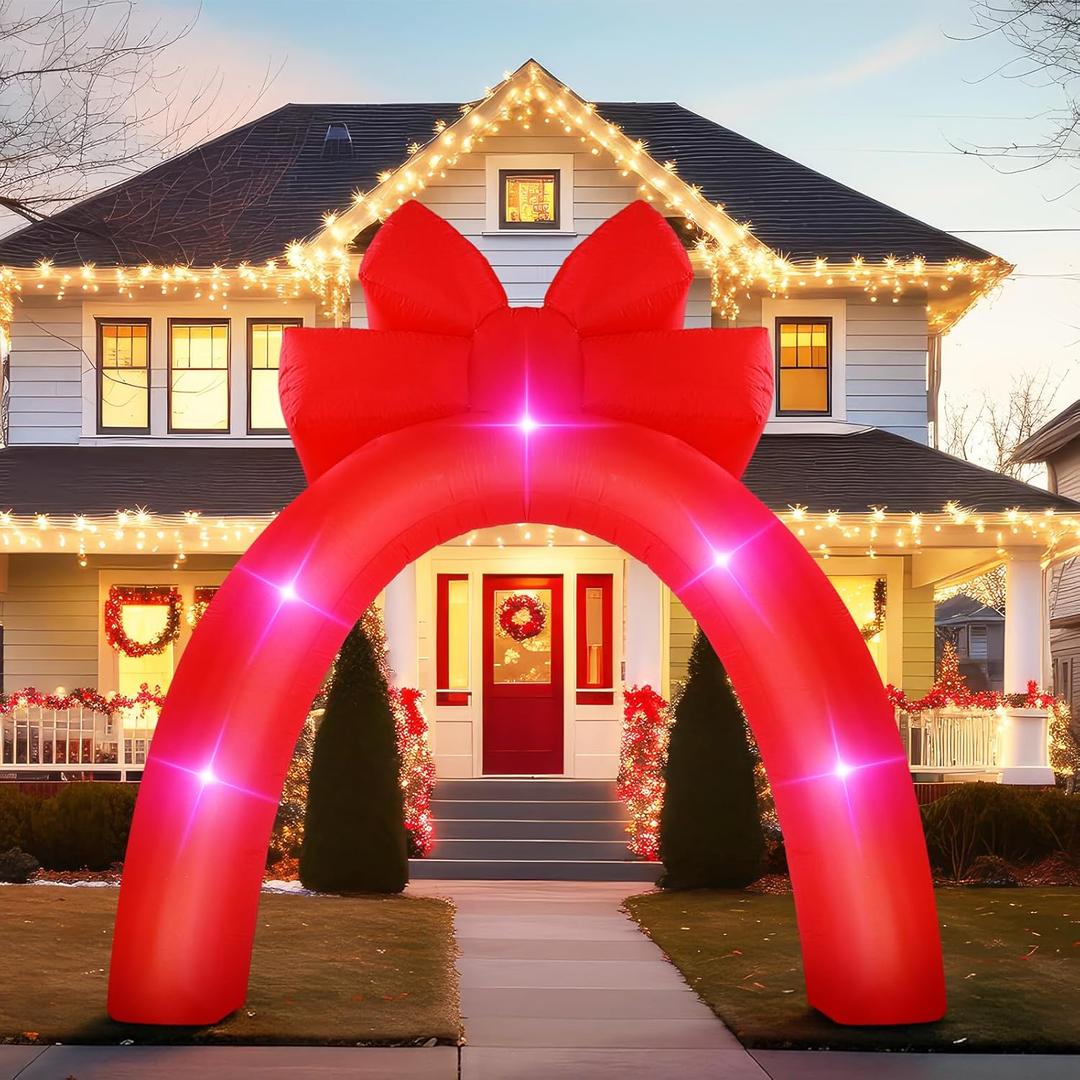 Leyndo 9 ft Bow Christmas Inflatable Archway Outdoor Decorations Red Light up Blow up Christmas Archway Lighted Xmas Inflatable Arch Red Bow Party Favors for Indoor Outdoor Lawn Yard Garden Decoration