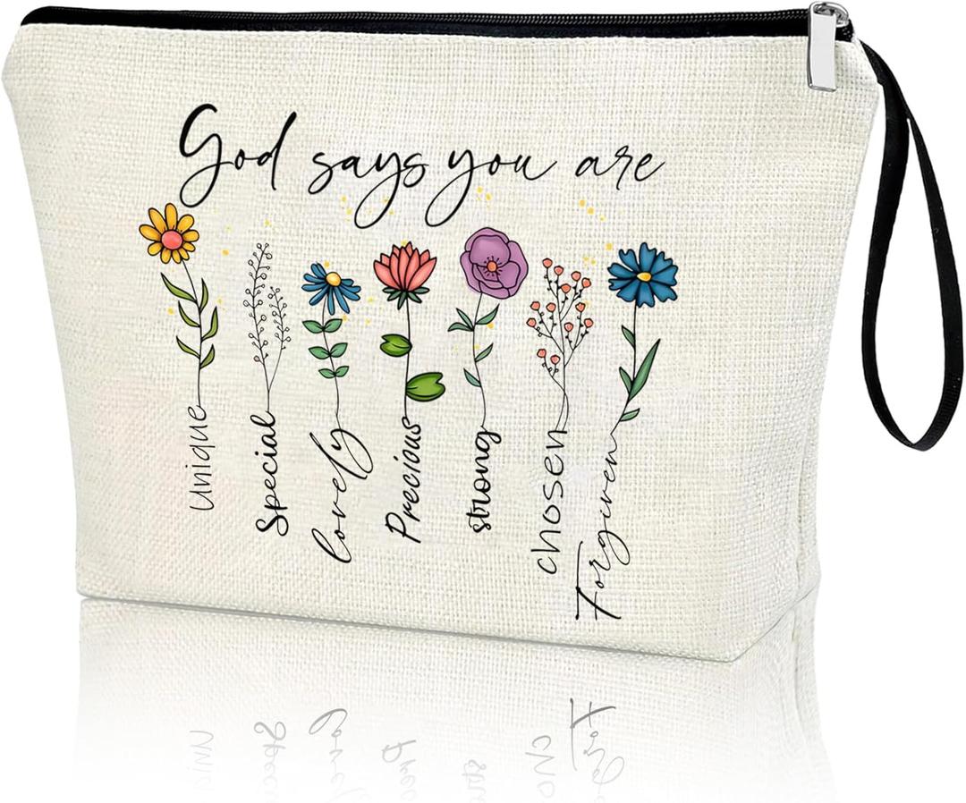 God Says You Are Christian Bible Verse Zipper Bag, Christian Quotes Makeup Bag Cosmetic Pouch God Says You Are Unique Floral Inspirational Affirmations Faith Gift for Women Jesus Religious Gift