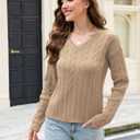 ZAFUL Women's V Neck Cable Knit Sweater 2025 Fall Pullover Long Sleeve Ribbed Loose Top Casual Outfits (Khaki)