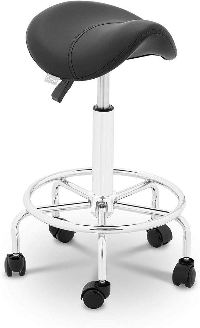 Physa Frankfurt Black Saddle Stool with Wheels, Height-Adjustable, Roller Stool, Ergonomic Work Stool (Black, up to 150 kg, Height 57-69 cm, Faux Leather, 360° Rotatable)