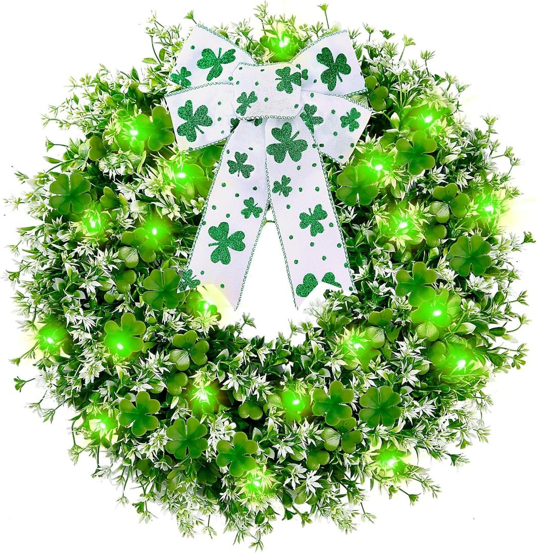 Sggvecsy 17.7 St. Patrick's Day Shamrocks Wreath for Front Door with 30 Green Lights Artificial Greenery Clover Wreath for Irish St. Patrick's Day Decoration Wall Window Indoor Outdoor Home Decor