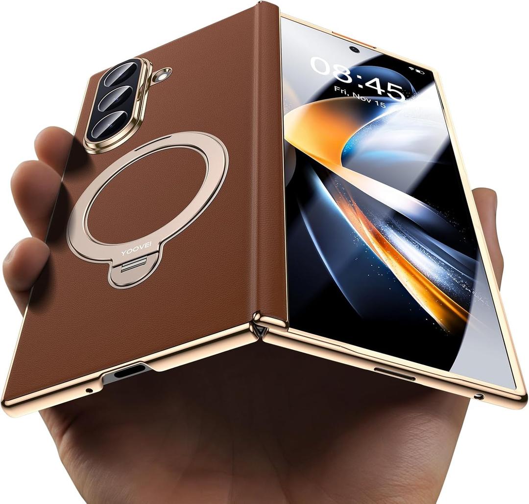 YOOVEI for Galaxy Z Fold 7 Case Luxury Leather with Screen Protector [Hinge Protection],Fit for Magsafe, Magnetic Kickstand & Ring Holder for Samsung Zfold 7 Case Brown