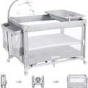 Baby Bassinet Bedside Crib, Pack and Play with Mattress, Diaper Changer, One-Push Setup Playards from Infants to Toddlers (Grey) 