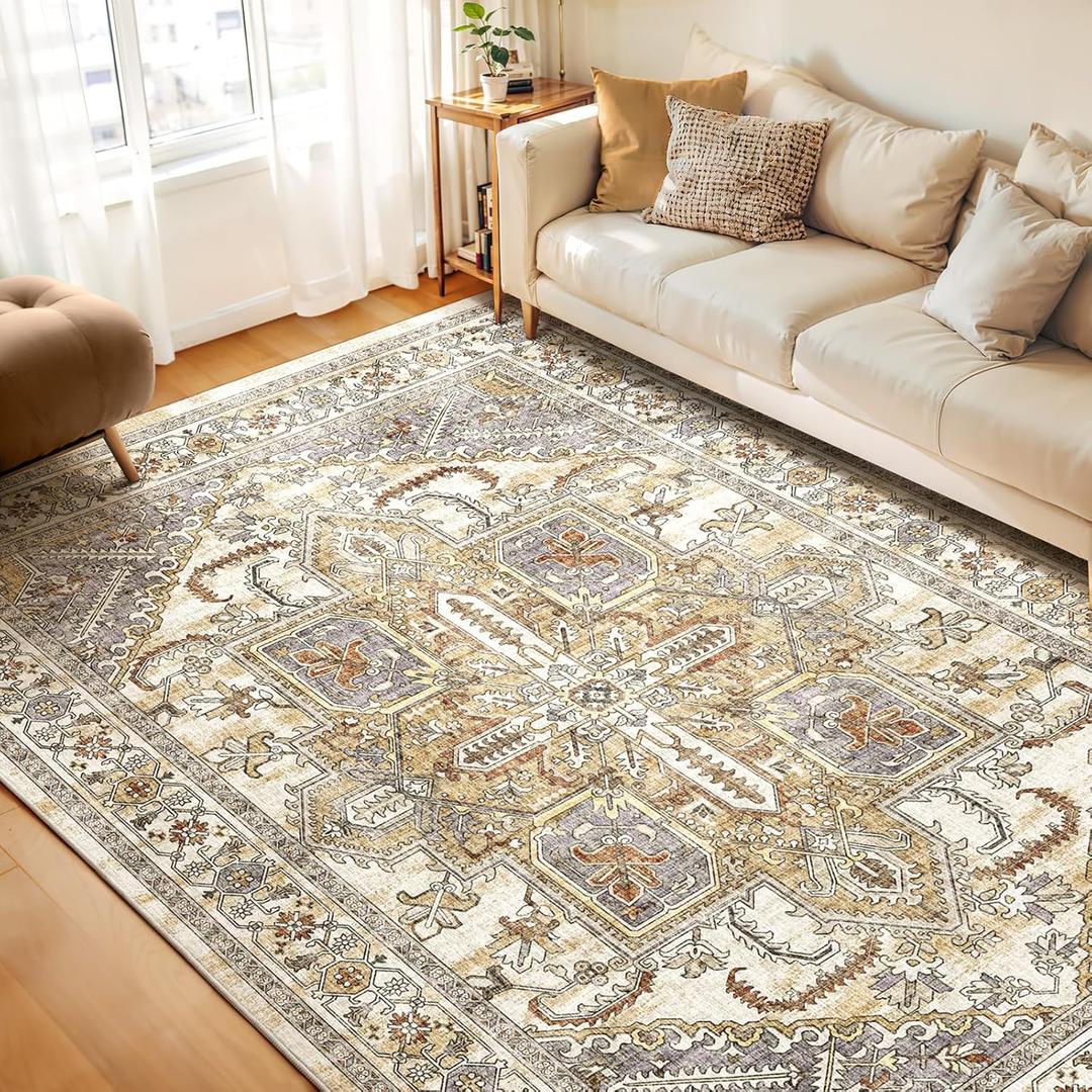 WITSHOCK Living Room Area Rugs 8x10: Washable Rug Boho Soft Non-Slip Low Pile Stain Resistant Foldable Carpet for Bedroom Playroom Dining Room Office Kitchen Farmhouse Home Decor Rug-Turmeric/Grey
