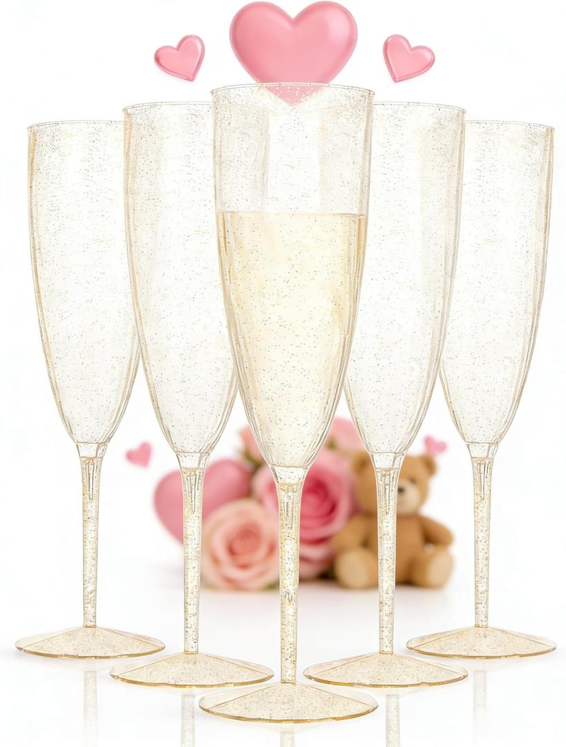 WDF 36-Pack Plastic Champagne Flutes - Gold Glitter Champagne Glasses Disposable - Perfect for Wedding Birthday Bridal Shower Valentine's Day