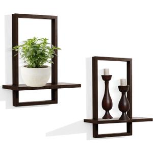 PHOENANCEE Square Floating Shelves,Wall Plants Holder,Bathroom Wall Decor,Framed Decorative Shelf Black,Modern Chic Set of 2 for Living Room Bedroom Home Office,Soild Wood,L+S(Walnut