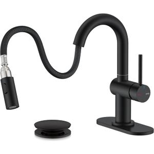KENES Pull Down Bathroom Faucet with Sprayer, Matte Black Single Handle Bathroom Sink Faucet with Pull Out Sprayer, Vanity Bar Faucet with Pop Up Drain & Deck Plate, KE-9065B-2 (Short)