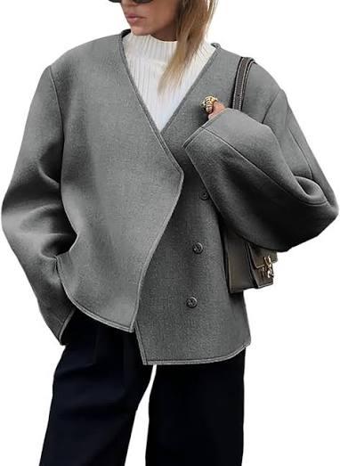 Cicy Bell Womens Cropped Wool Jackets Fall V Neck Short Pea Coats Single Breasted Outerwear Winter Outfits M 