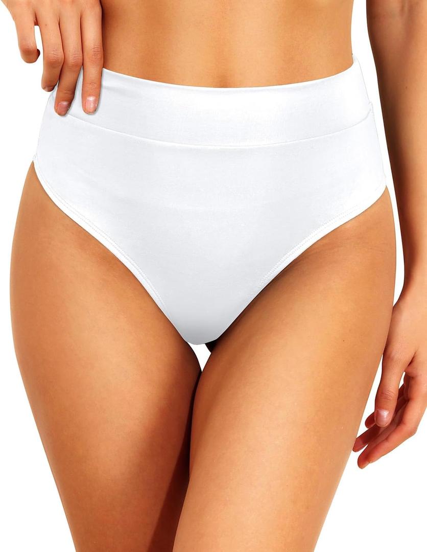 Tempt Me Women White High Waisted Cheeky Bikini Bottoms Tummy Control Scrunch Butt Swim Bottom Only, Medium