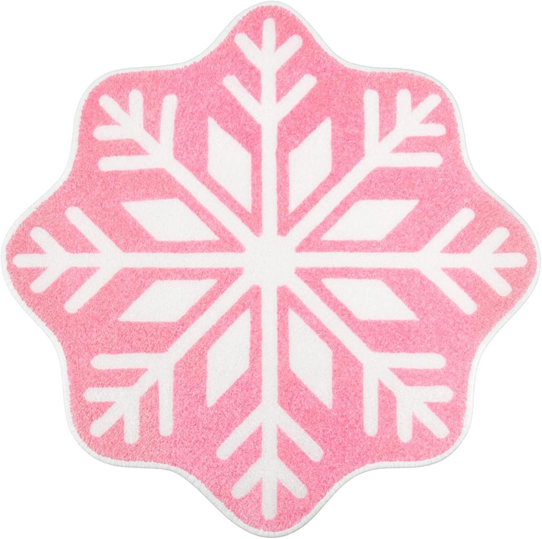 Breling 1 Pcs Christmas Bathroom Rug Small Decor Christmas Kitchen Bathroom Rug Winter Bath Mats Non Slip Carpet for Tub Living Dining Holiday(Snowflake,Pink&White,23.62x23.62)