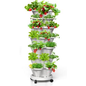Strawberry Vertical Planter Tower Garden, 7 Tiered Stackable Planter Herb Garden Planter with Movable Casters and Bottom Saucer Indoor and Outdoor - White