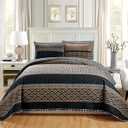 GrandLinen 3-Piece Fine Printed Oversize (115" X 95") Quilt Set Reversible Bedspread Coverlet King Size Bed Cover (Black, Brown, Taupe, Beige Lattice)