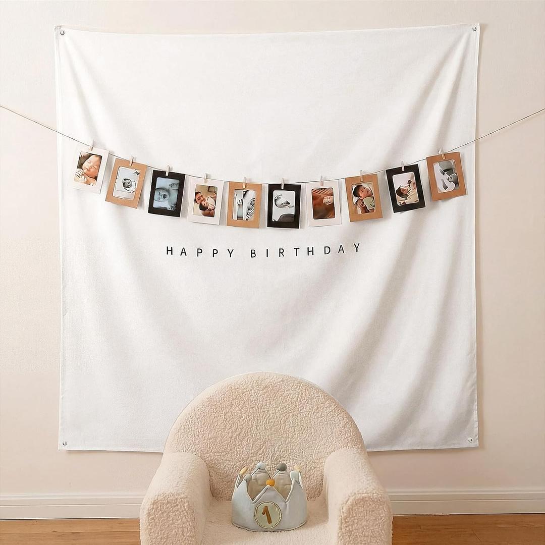 Gilprop 59x59 Inches Happy Birthday Tapestry Minimalist Happy Birthday Banner White Fabric Banner with 10 Photo Frames, Custom Wall Flag, Boho Wall Art for Party Indoor Outdoor Yard Decor