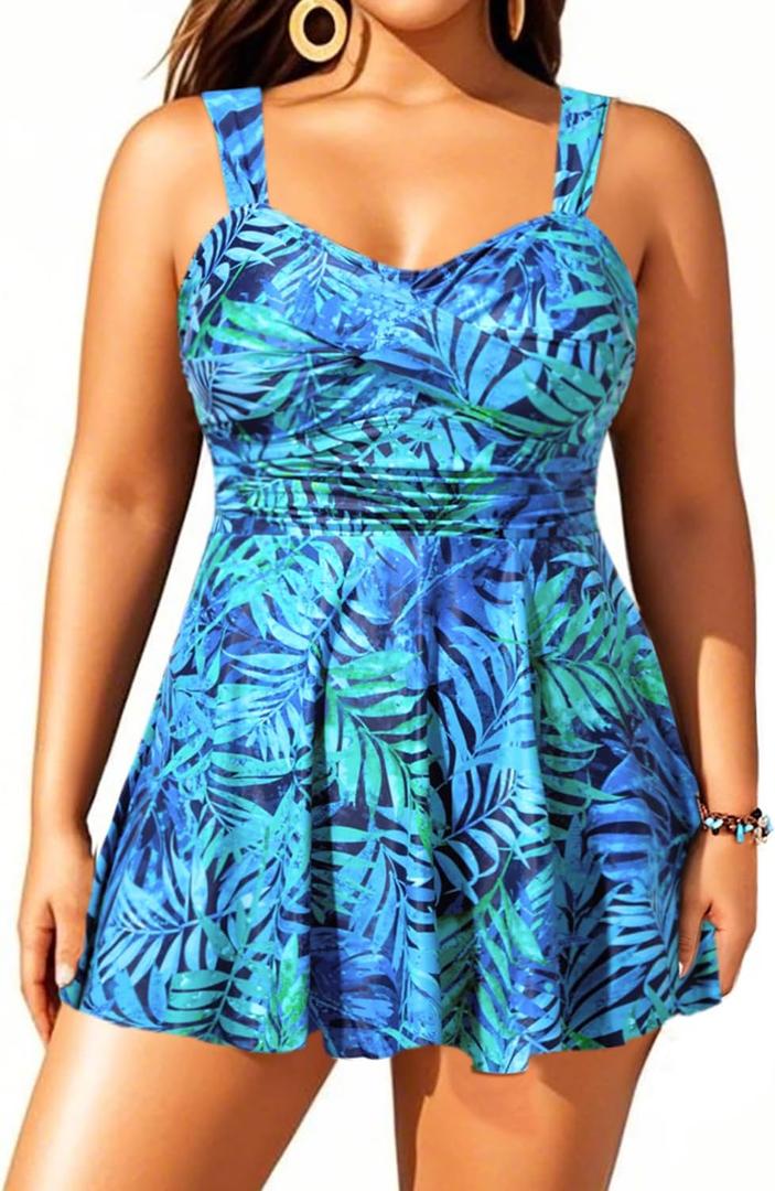 Aqua Eve Plus Size Tankini Swimsuits for Women Two Piece Bathing Suits Flowy Swim Dress with Shorts Blue 16W