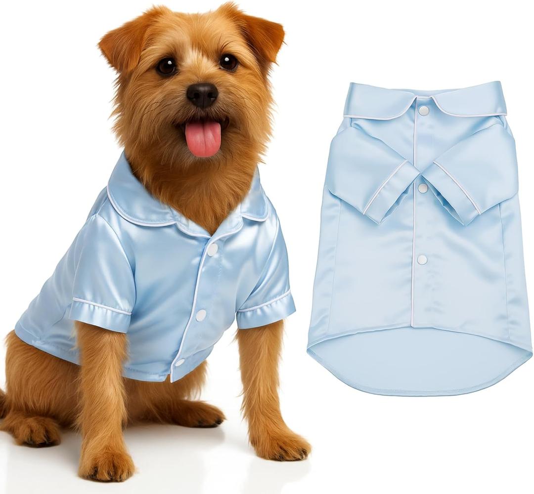 Dog Silk Pajamas Shirts Puppy Satin Pjs Pet Sleepwear Soft Faux Silk Lapel Two-Legged for Dogs Bridal Party (Blue, Medium)