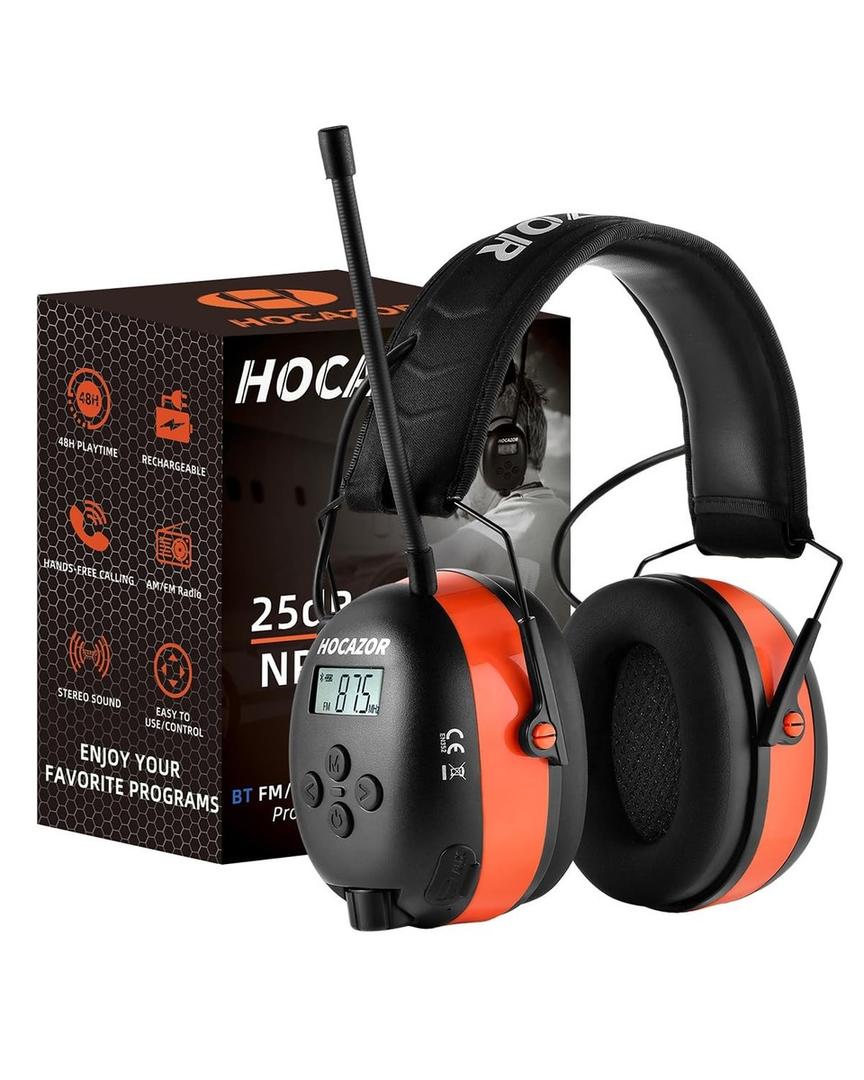 Hocazor HP033 Bluetooth 5.4 Hearing Protection AM FM Radio Headphones, 25dB NRR Noise Reduction Safety Earmuffs with 2000mAh Rechargeable Battery for Mowing Workshops, Orange