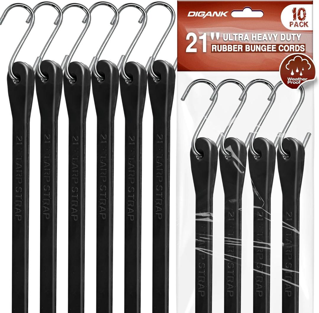 Digank 10 Pack 21" Heavy Duty Bungee Cords with Hooks Metal S Hooks, EPDM Outdoor Tarp Straps for Securing Cargo, Tarps, Canvases in All Weather- Max Stretch 1.5X, Load 180 lbs