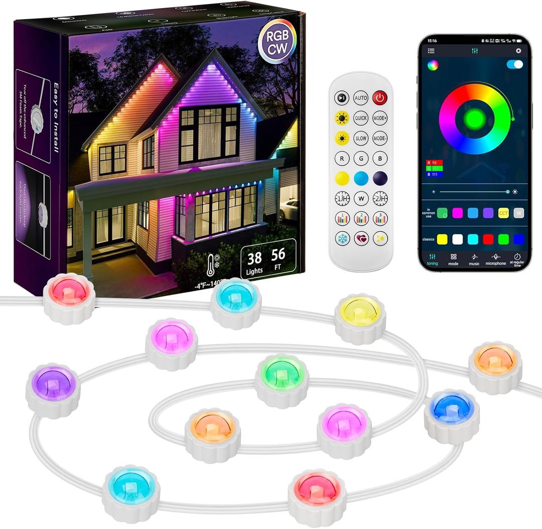 56FT RGB Eaves Light, 38 LED Smart Outdoor Lights with DIY Scene Modes, IP67 Waterproof for House Party & Garden Decor