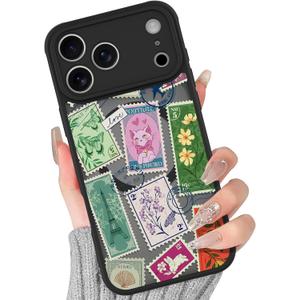 BITOBE Magnetic Case for iPhone 17 Pro [Compatible with MagSafe] Cute Stamp Pattern Case for Women Girls Soft TPU Bumper Translucent Black Slim Protective Cover
