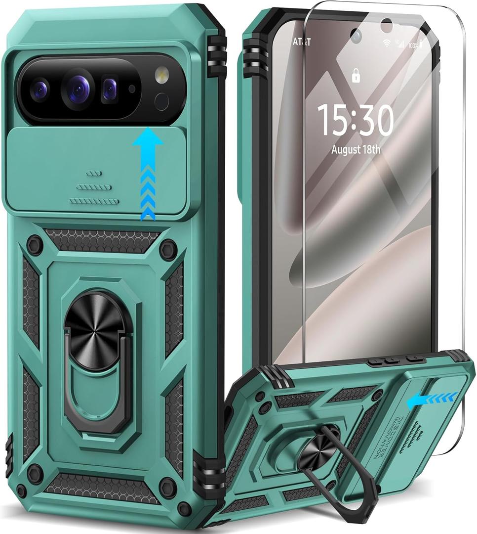 Taisairu for Google Pixel 10 Pro XL Case with Screen Protector & Slide Camera Lens Cover,Built-in 360Rotate Magnetic Ring Stand Shockproof Protective Phone Case for Pixel 10 Pro XL Case (Green)