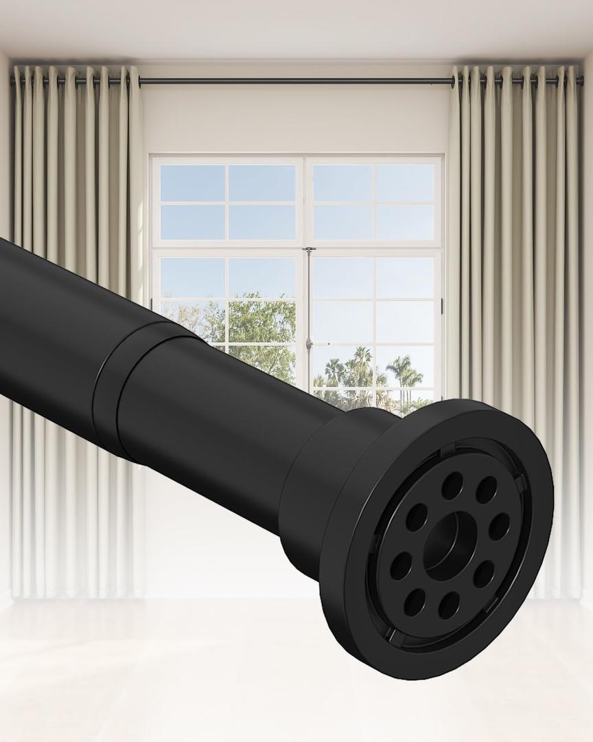 Tension Curtain Rod by EZFurni, 42 to 123 Inch, Heavy Duty Tension Rod for Windows, Anti-Slip Black Shower Curtain Rod Spring Tension, Adjustable Spring Loaded Curtain Rods No Drilling, Easy Install