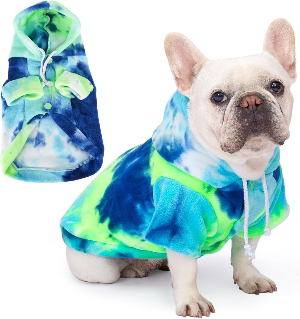 Dog Hoodie Tie Dye Dog Sweatshirt Chic Winter Clothes Ultra-Soft Warm Sweaters for Small Medium Dogs Fashion Pet Clothes for Dogs (Blue/Yellow/Green, XS (Back: 9.05",Chest: 13.77", Neck: 12.59"))