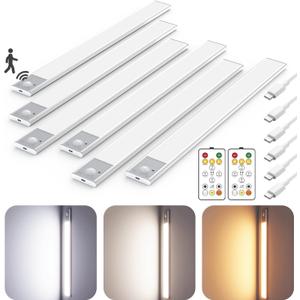 16" Ultra-Thin Under Cabinet Lighting Wireless, Aluminum Alloy Under Counter Lights for Kitchen, 3-Color-Temps Magnetic Closet Lights, Rechargeable Motion Sensor Light Indoor, (6 Pack, Silver)