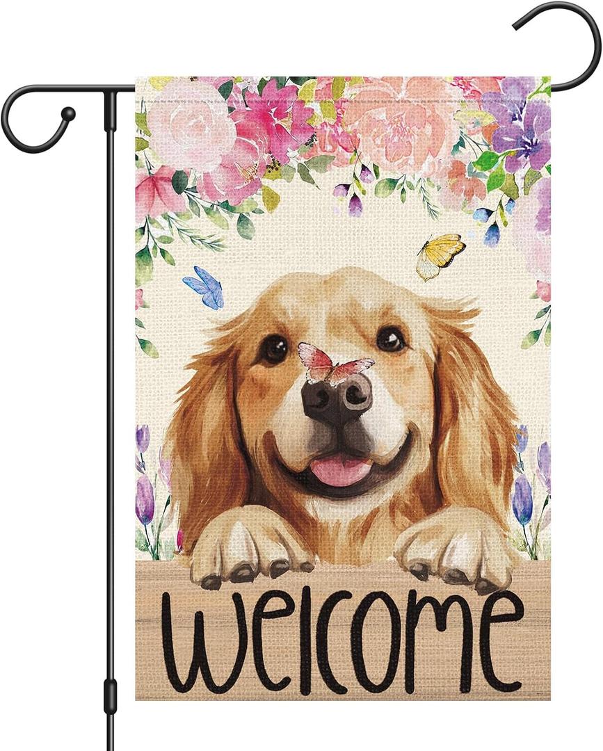 2 x Heyfibro Welcome Spring Summer Flower Garden Flag 12x18 Inch Double Sided Burlap,Cute Golden Retriever Dog Butterfly Yard Flag for Seasonal Holiday Farmhouse Outdoor Decor(ONLY FLAG)