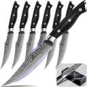 Steak Knives Set of 6, 4.8 Inch Non Serrated Razor-Sharp Durable Dinner knives with Rest, German Stainless Steel Damascus Pattern Full Tang Forged, Rust Resistant & Easy to Maintain