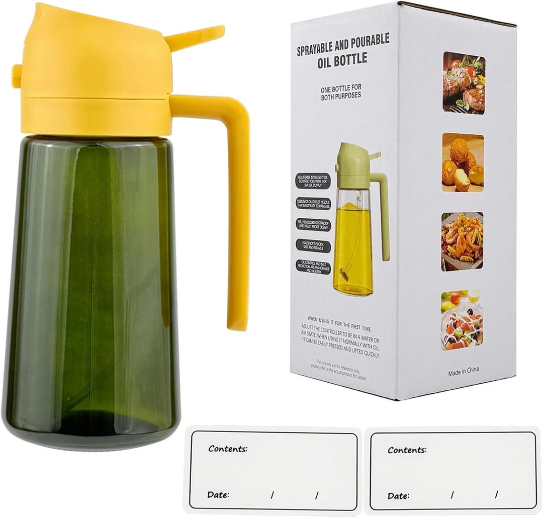 Oil Spray Bottle Dispenser for Kitchen Cooking, 470ml 16oz 2 in 1 Olive Oil Mister with 2 Waterproof Stickers for Kitchen Gadgets, Air Fryer, Salad, Frying, BBQ -Yellow Lid + Green Bottle