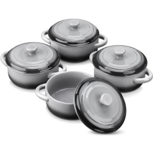 LOVECASA Mini Cocotte with Lid, 12 OZ Small Casserole Dish for Oven, Mini Casserole Dish,Individual Ramekins with Lids, Oven, Microwave & Dishwasher Safe, Set of 4 (Black Gray)