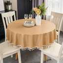 LIBERECOO Round Vinyl Tablecloth, Tassel Edge, 48 Inch | 100% Waterproof Oil-Proof Table Cloth for Indoor Dining and Outdoor Picnic, Flannel Backed Wipeable Durable Reusable