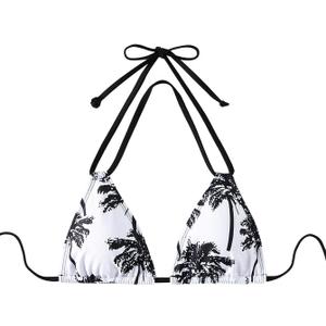 WDIRARA Women's Tropical Print Halter Bikini Top Tie Backless Swim Top (Black, S)