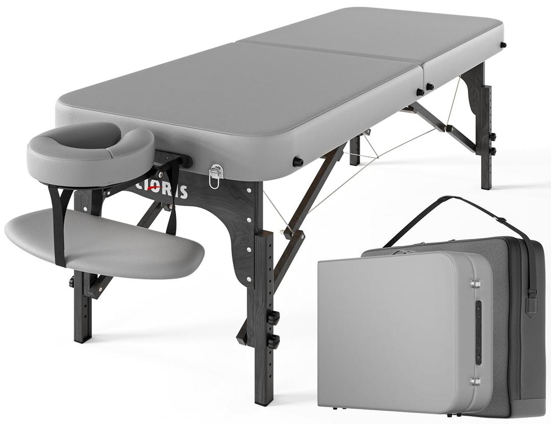 CLORIS 84" Professional Massage Table Portable Reinforced Wooden Leg 2 Folding Lightweight Spa Salon Tattoo Massage Bed Height Adjustable Hold Up to 1100LBS with Carrying Bag Grey