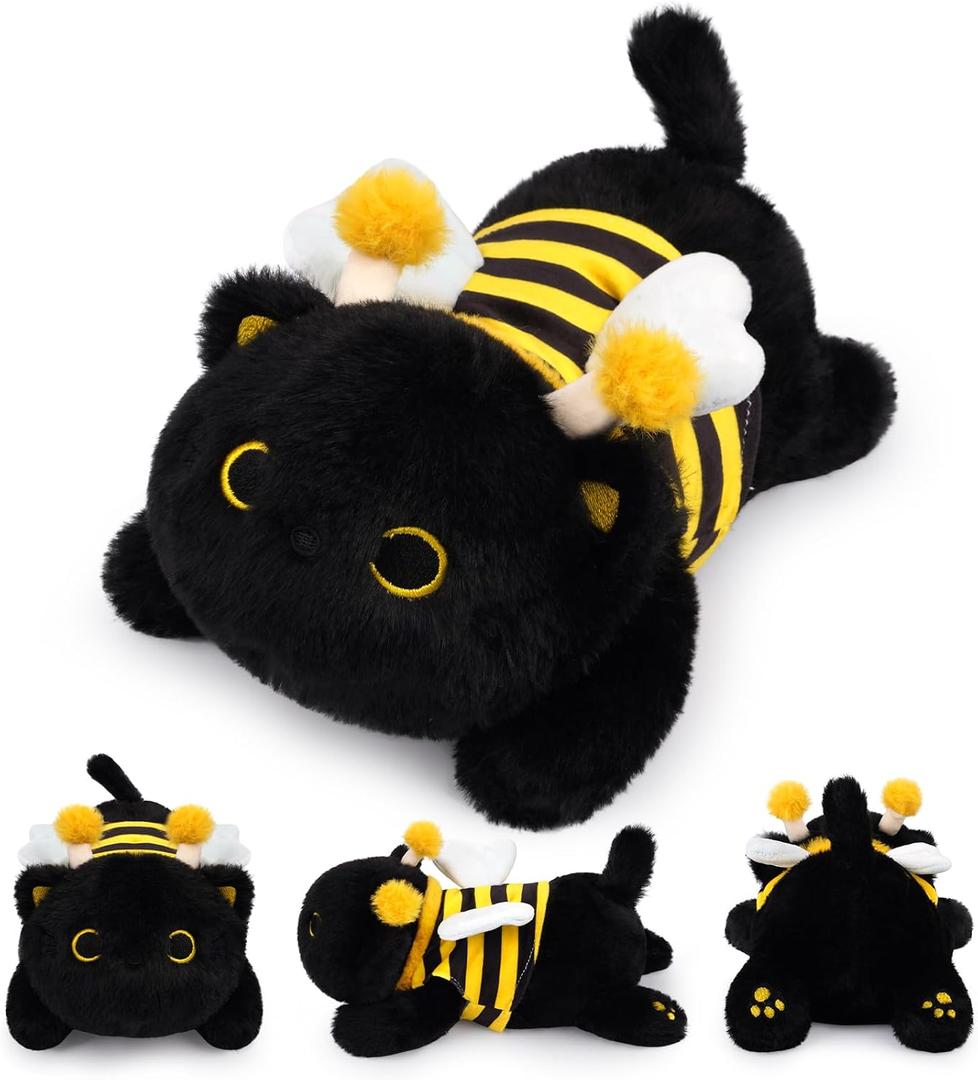 Weighted Cat Stuffed Animal,Bee Black Cat Plush Soft Weighted Plushies,Cute Plush Toys with Removable Honeybee Outfit Costume,Sensory Comfort Huggable Weighted Plush Animals Gifts for Kids