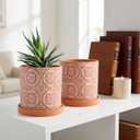 Jucoan 2 Pack Terracotta Plant Pot, 5'' Red Clay Planter Pot with Boho Flower Pattern, Ceramic Cactus Flower Planter Succulent Pot with Drainage Hole and Saucer for Indoor Outdoor Plant