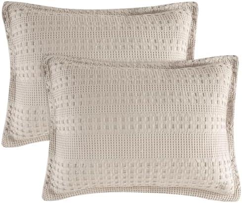 PHF 100% Cotton Ruffle Waffle Pillow Shams Standard Size, 2 Pack 20" x 26" Soft Skin-Friendly Pillowcases, No Filling, Aesthetic Home Decor, Breathable Waffle Weave Bed Pillow Covers, Oatmeal