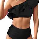 SPORLIKE Women High Waisted Swimsuit Flounce One Shoulder Bikini Padded Bathing Suit, Size XL