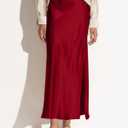 Women's Satin High Waisted Side Split Maxi Skirt Elastic Waistband Long Silk Skirts A-Line Skirts for Women (Red, L)