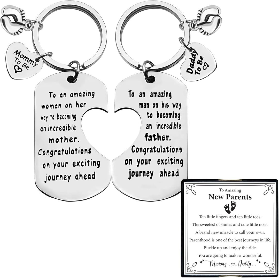 2 x Mom to Be Gifts - Pregnancy Announcement Keychain Set for Daddy and Baby - Parents to Be Jewelry Gift - New Dad First Time Mom Keyring - Future Mother Father Gift