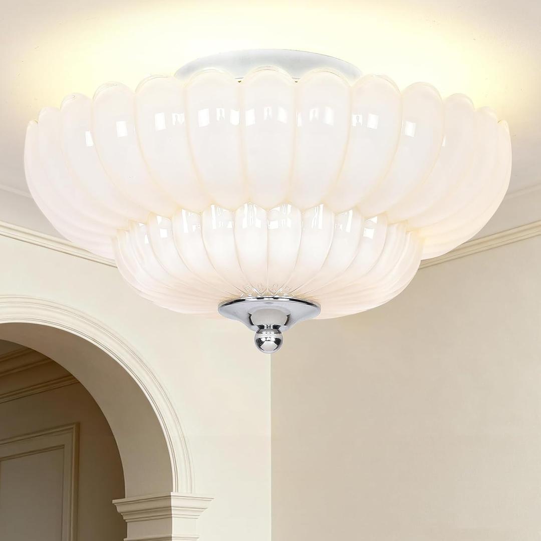 Semi Flush Mount Ceiling Light, Pearl white Glass Ceiling Light Fixture, 3-Bulb Modern Close to Ceiling Light, Vintage Glass Ceiling Lights for Bedroom Kitchen Living Room, Bulb Not Included (11.8 inch)