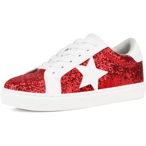 PARTY Women's Fashion Sneaker Lace Up Low Top Comfortable Cushioned Walking Shoes,Podcast,RED Glitter,8