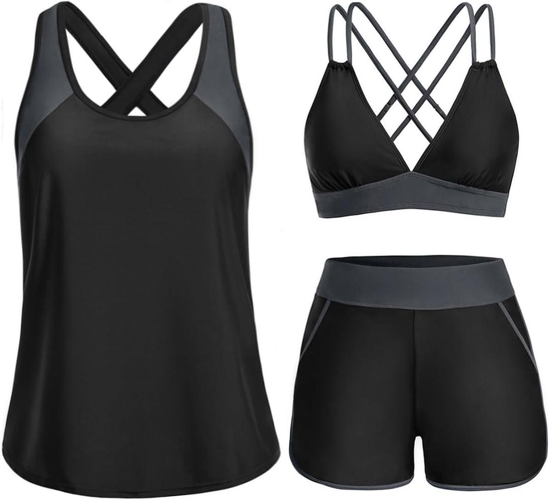 Daci Women 3 Piece Tankini Swimsuits - Tummy Control Tank Top with Bra Modest Bathing Suit with Pockets Boyshorts Bottom 2026 (Black, XL)