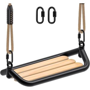 SELEWARE Hanging Wood Swing Seat Tree Swing for Kids, 100% Polyester Weather Proof Rope Heavy Duty Steel Tubing Structure Backyard Swing Set Replacement (Black)