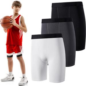 Hoolerry 3 Pcs Youth Boys Compression Shorts Athletic Underwear Sports Performance Boxer Briefs Spandex Underwear for Running (Large, Black, White, Gray)