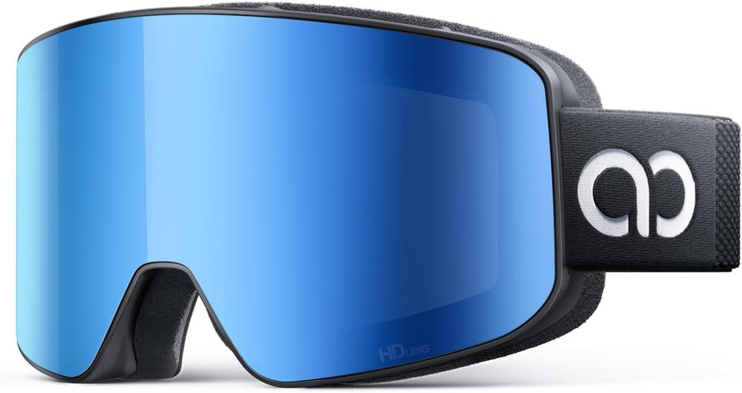 Lamicall Ski Goggles with 3X Anti-Fog - 100% UV Protection, OTG, Gifts for Skiing, Snowboard, Snowmobile, Men, Women (Black Frame - Blue Lens)