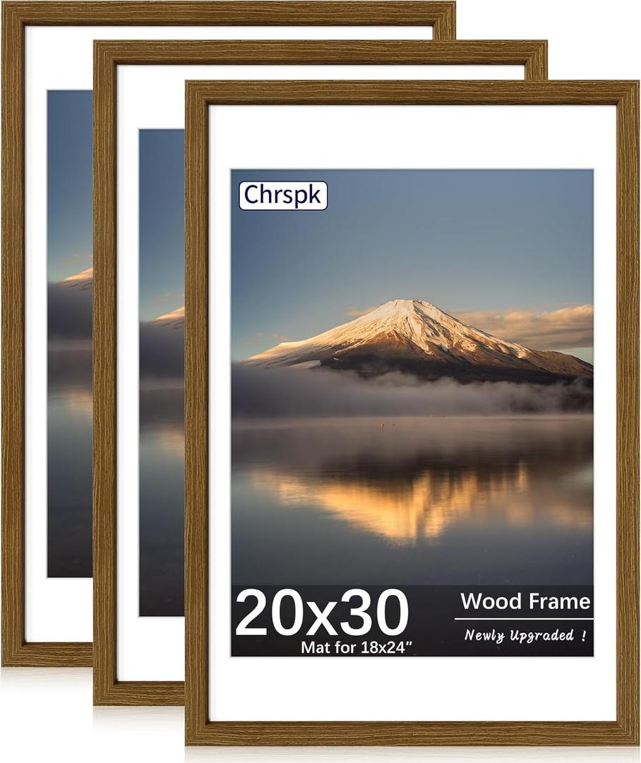20X30 Poster Frame, Display Pictures 16X24 with Mat or 20X30 Without, Wall Hanging Frames, Rustic Brown, 3 Pack