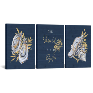 KREATIVE ARTS 3-Piece Navy Blue Oyster Canvas Wall Art - 'The World Is Your Oyster' Inspirational Quotes - Gold Foil Art Posters - Stretched and Framed, Ready to Hang - 16x24'' for Dorms, Classrooms