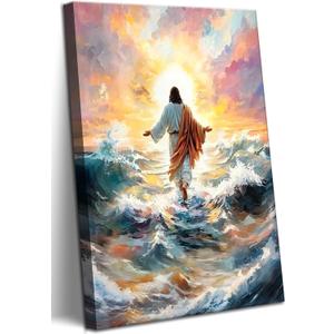 Jesus Walking On Water Wall Art Christian Prints Wall Decor Jesus Christian Canvas Painting Religious Spiritual Beliefs Prints Artwork for Church Bedroom Living Room Office Ready to Hang 16x24 Inch