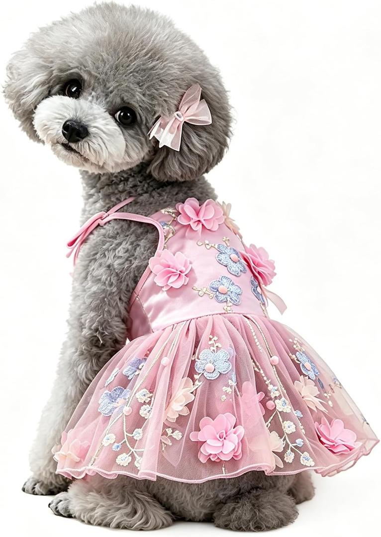 SEIS Flower Lace Dog Dress, Cat Skirt for Birthday Party Wedding, Pink, S